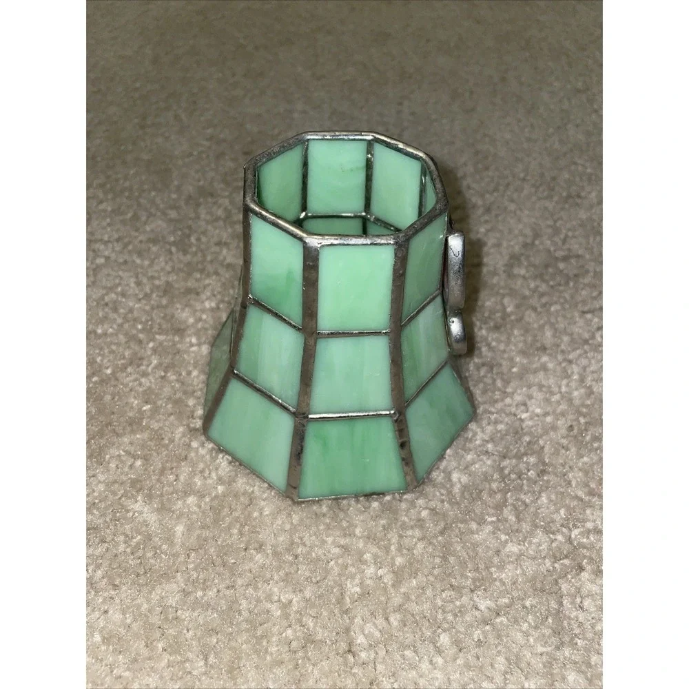 Vintage Stained Slag Glass Lamp Shade Green with Pink Butterfly 4.5 Inch Small
